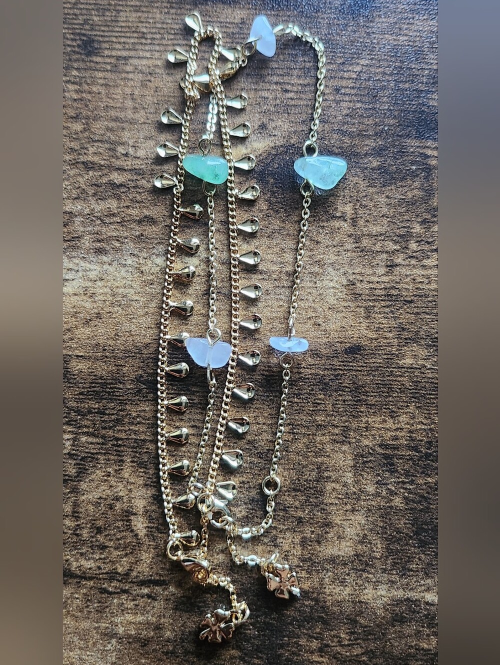 2 Gold Tone Layered Anklets with Semi Precious Stones